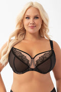 Soutien-gorge élégant fonctionnel pour gros bustes en tulle stable armatures inférieures latérales maintien excellent confort doux dentelle florale noir femmes