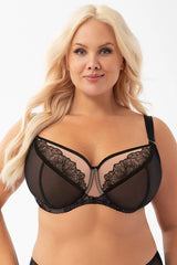 Soutien-gorge élégant fonctionnel pour gros bustes en tulle stable armatures inférieures latérales maintien excellent confort doux dentelle florale noir femmes