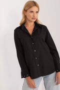 Chemise manche longue Lakerta femme élégance intemporelle coton noir coupe droite col italien broderies fleurs sequins