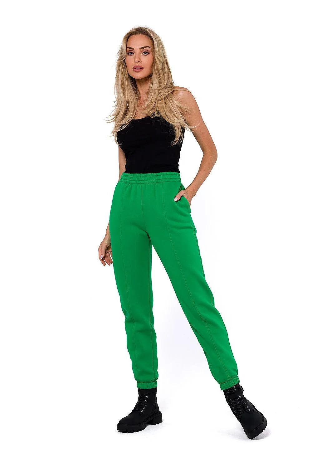 Pantalon survêtement Moe vert vif femme taille élastique poches latérales détails contrastants look décontracté