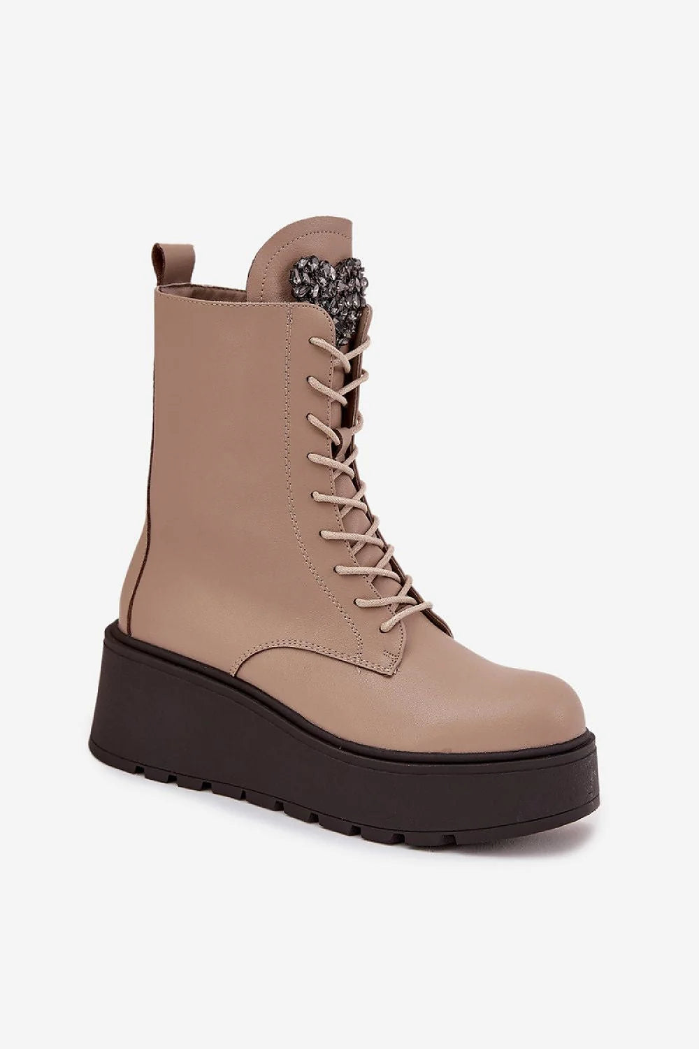 Jezzi bottines plateforme cuir naturel talon compensé confortable doublure chaude lacées fermeture éclair latérale cristaux coeur féminin silhouette allongeante polyvalentes