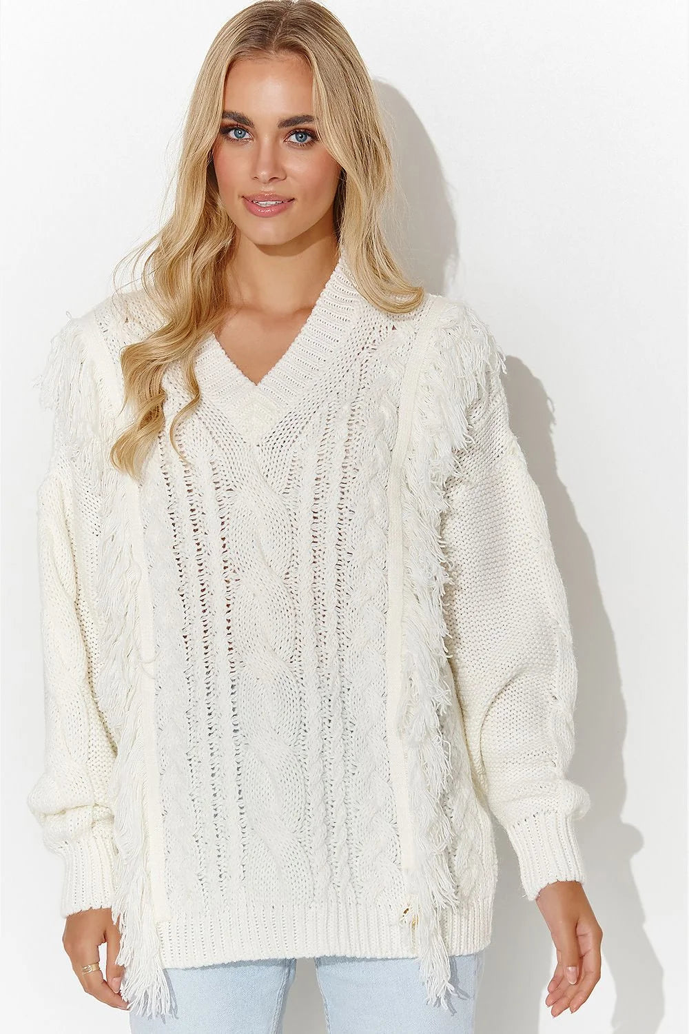 Pull femme Makadamia tricot torsadé franges col V encolure V-maille épaisse couleur ivoire texture douce coupe ample manches longues