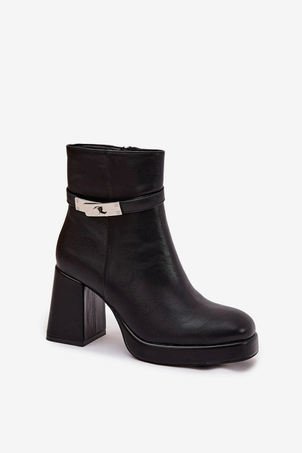 bottines femme simili cuir noir cheville tige courte bout arrondi talon colonne stable fermeture eclair latérale sangle boucle dorée