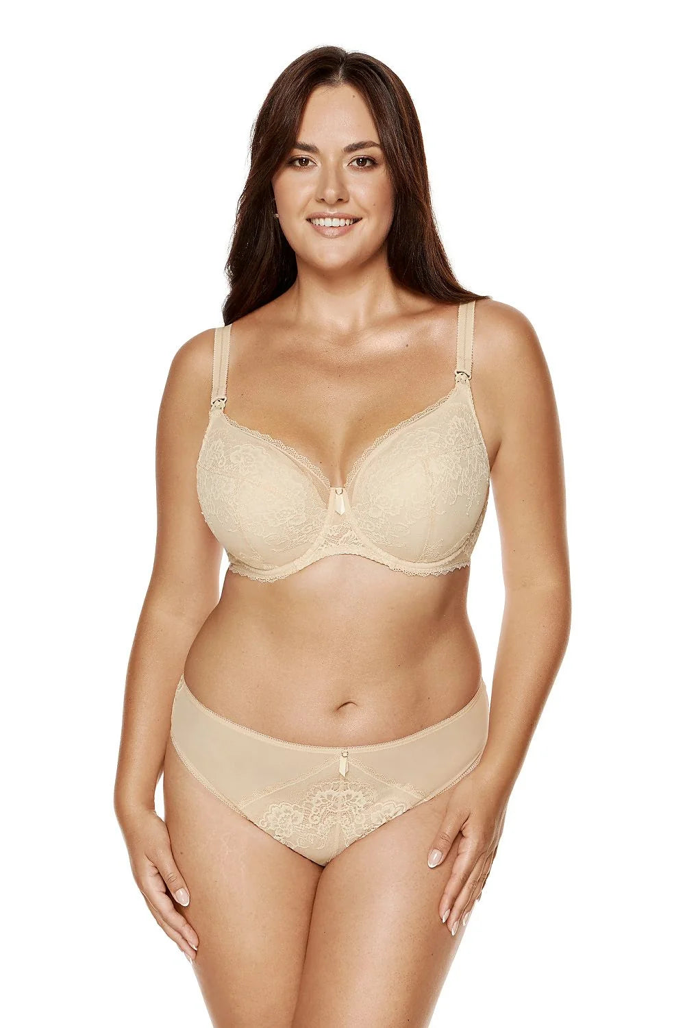 Soutien-gorge allaitement Gorteks dentelle beige rembourré bretelles ajustables coussinets OEKO-TEX Pologne