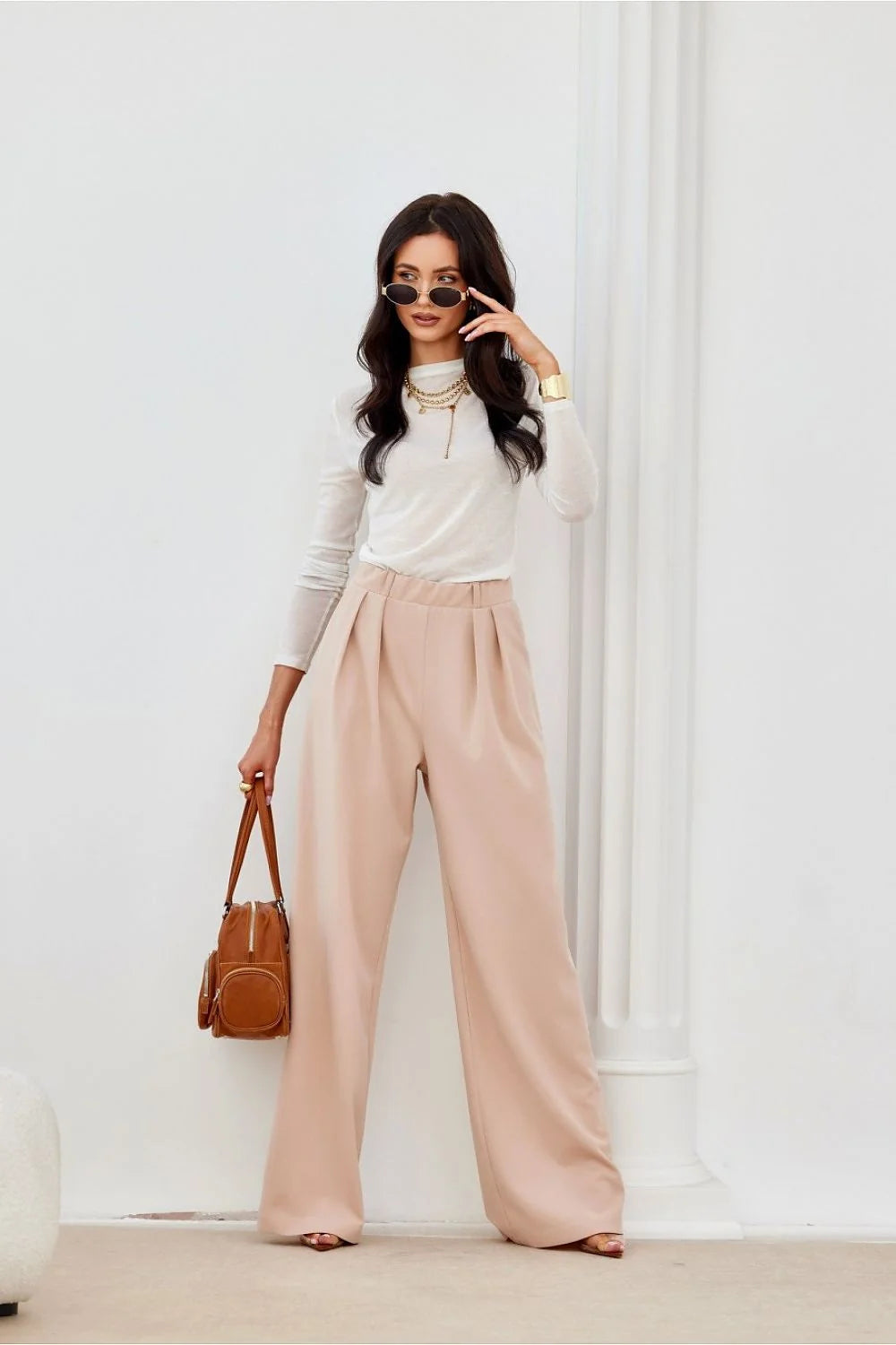 pantalon femme taille haute ample palazzo beige rosé crêpe drapé plis avant poches latérales élasthanne stretch confortable structuré minimaliste bureau