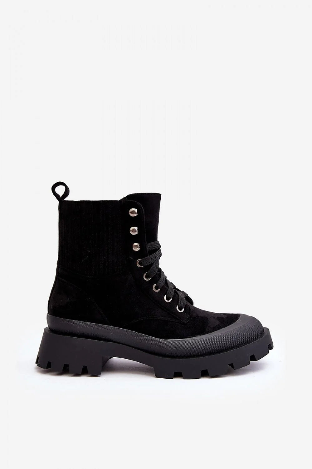 Bottes noires trappeur style combat velours tige haute cheville semelle épaisse crantée lacet noir eyelets métalliques femme durable mode audacieuse