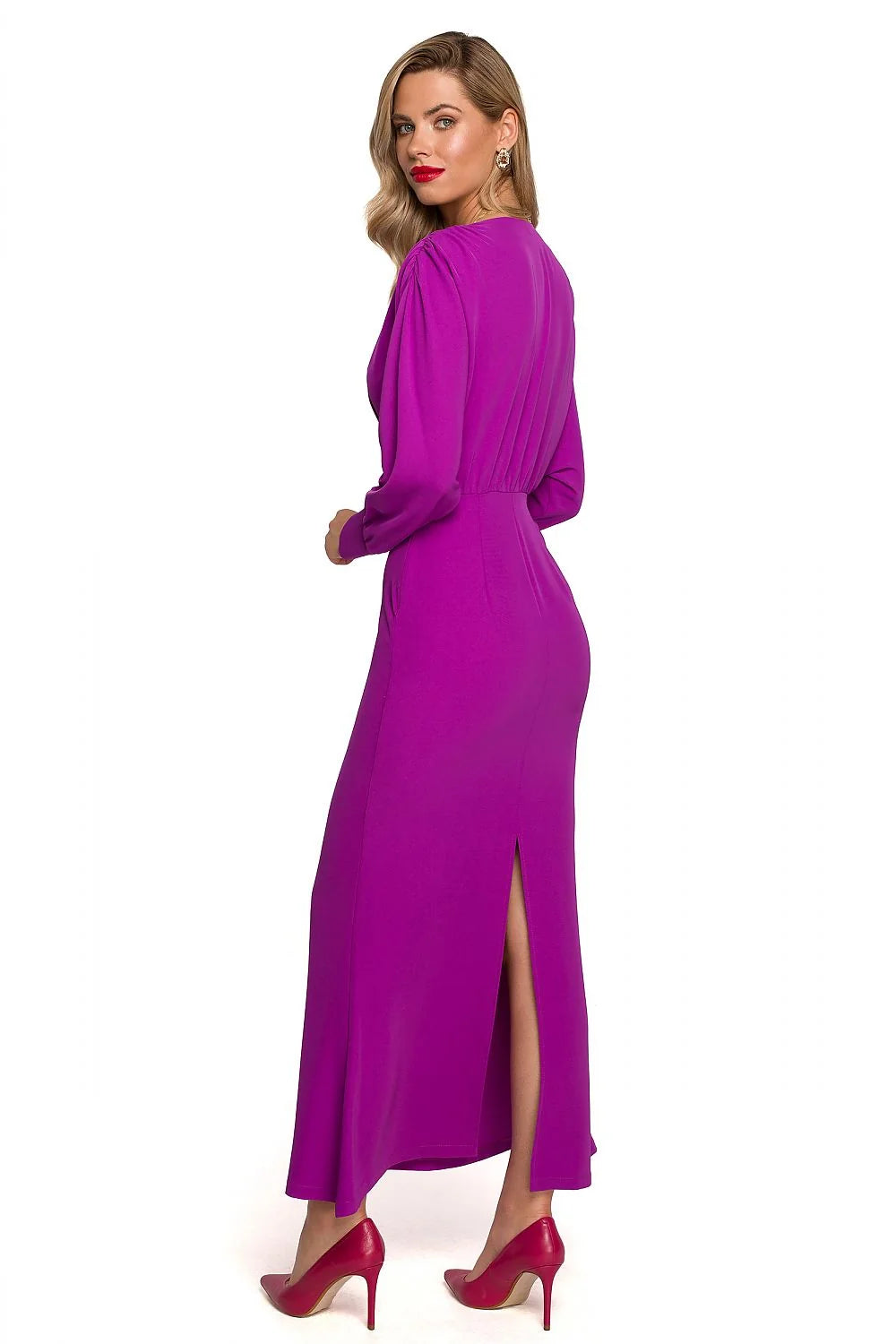 Robe de cocktail élégante longue manches volumineuses décolleté en V fuchsia sans motifs polyester elasthanne