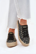 Baskets Step in style pour femmes baskets espadrille style bohème chic semelle tressée corde beige floral tissu noir doré lacets noirs