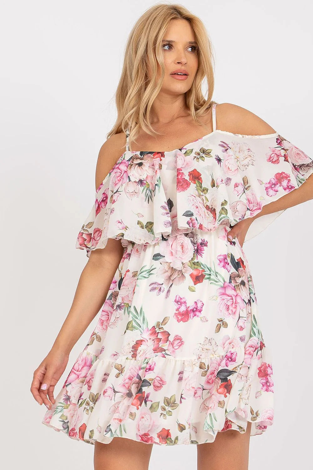 Robe de jour élégante imprimée floral rose blanc vert robe midi manches courtes épaules nues femmes Polyester Viscose