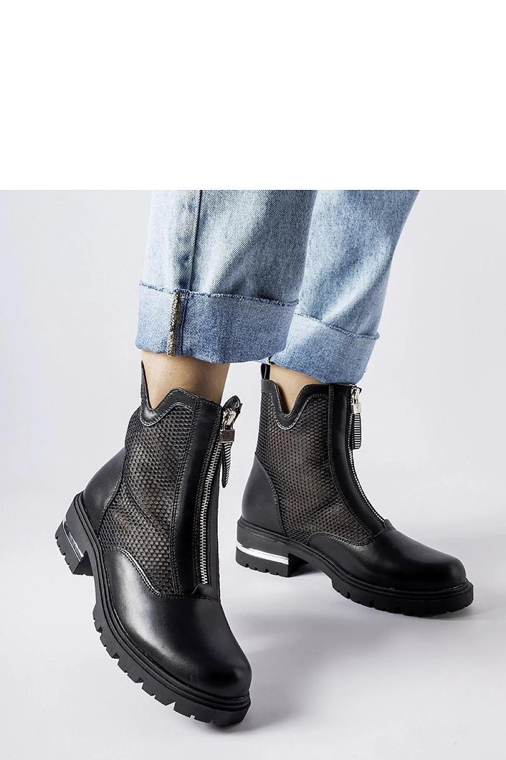 Bottines pour femmes modernes audacieuses en cuir noir et maille, style élégant et robuste, fermeture éclair intérieure, semelle crantée, confortable et durable