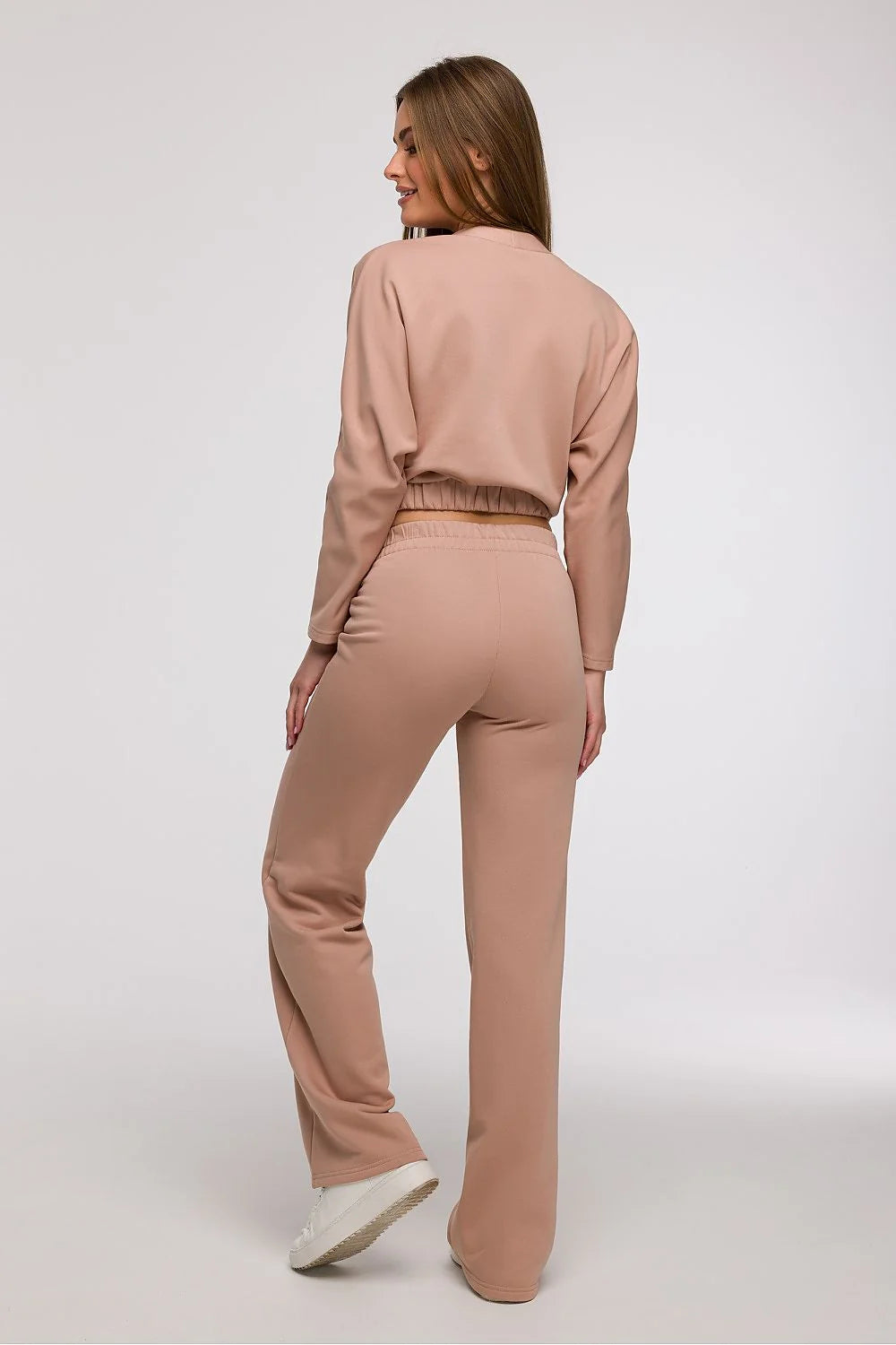 pantalon survêtement BeWear élégant confortable taillehaute élastique coupe large jambe longue plis verticaux tissu doux extensible jersey mélangepolyesterelasthanne blush nude