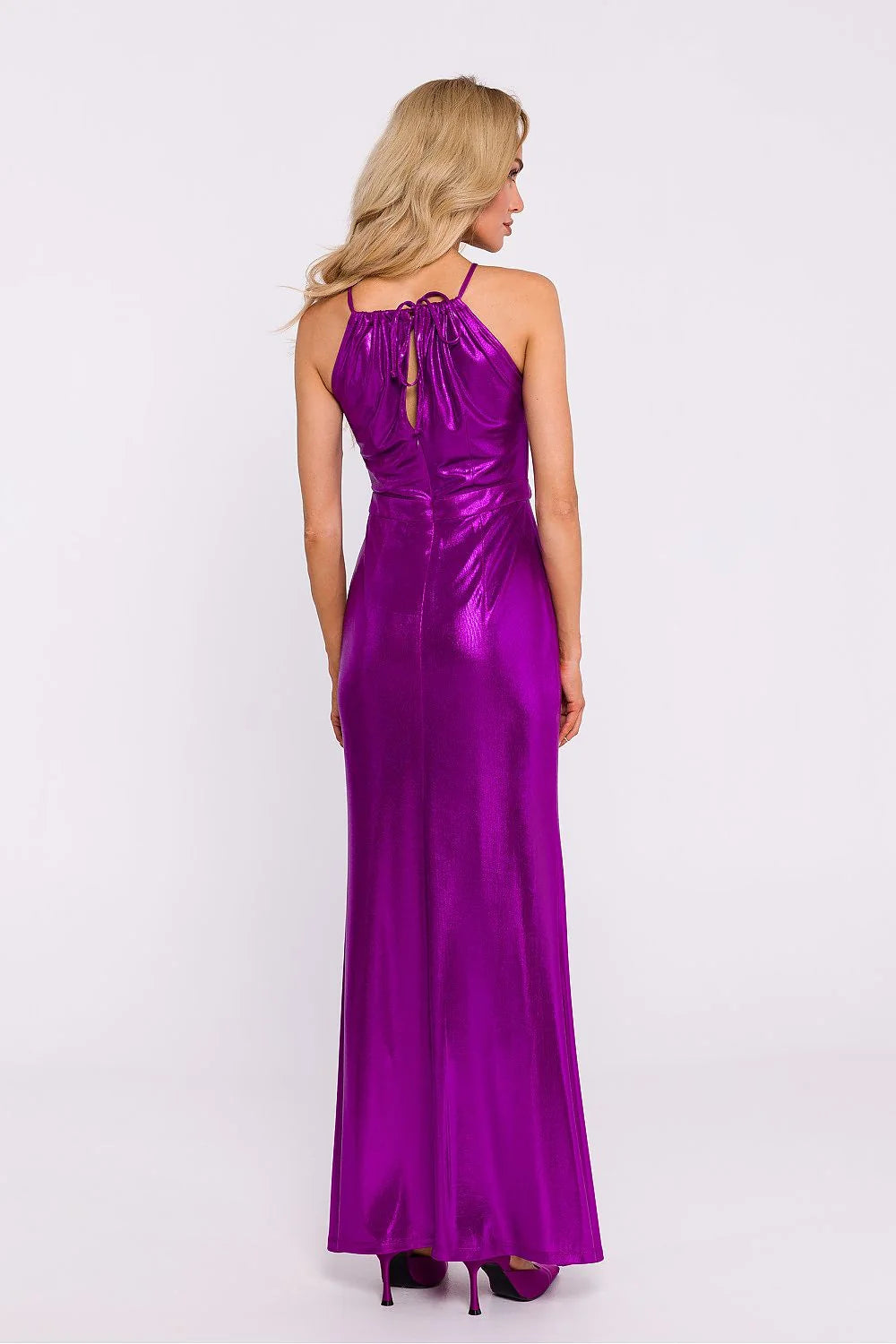 Robe longue élégante en maille métallique violet vibrant sans manches fente haute occasion formelle femme