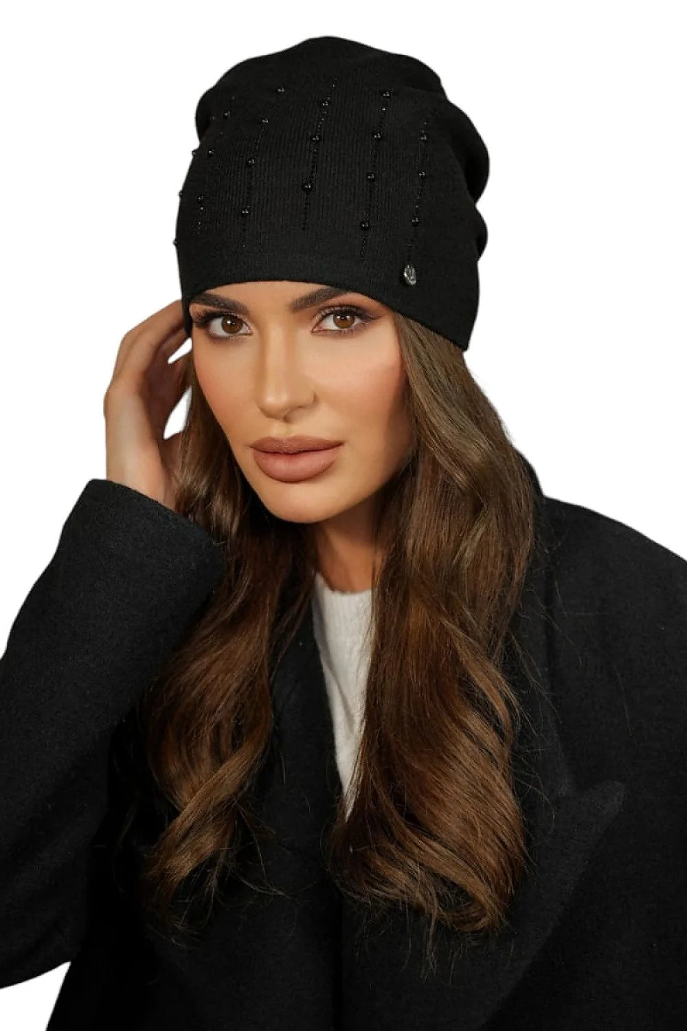 Bonnet élégant pour femme en tricot de haute qualité avec perles noires, style classique, ajustement confortable, Kamea