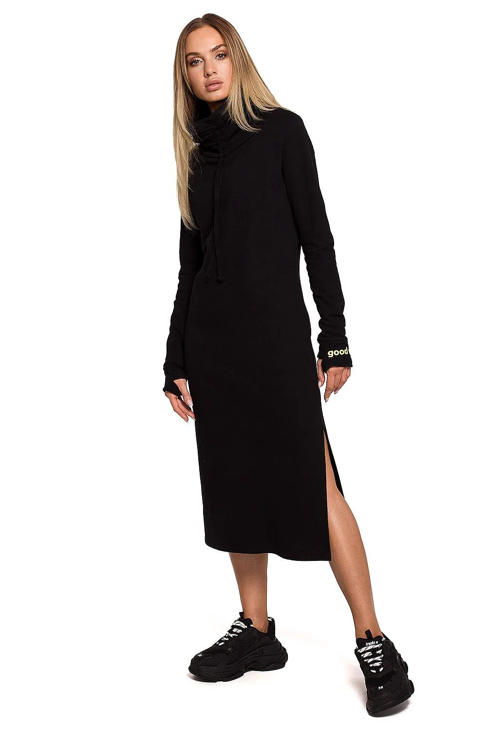 Robe midi en jersey gris confortable, design moderne col snood ajustable, style décontracté femme
