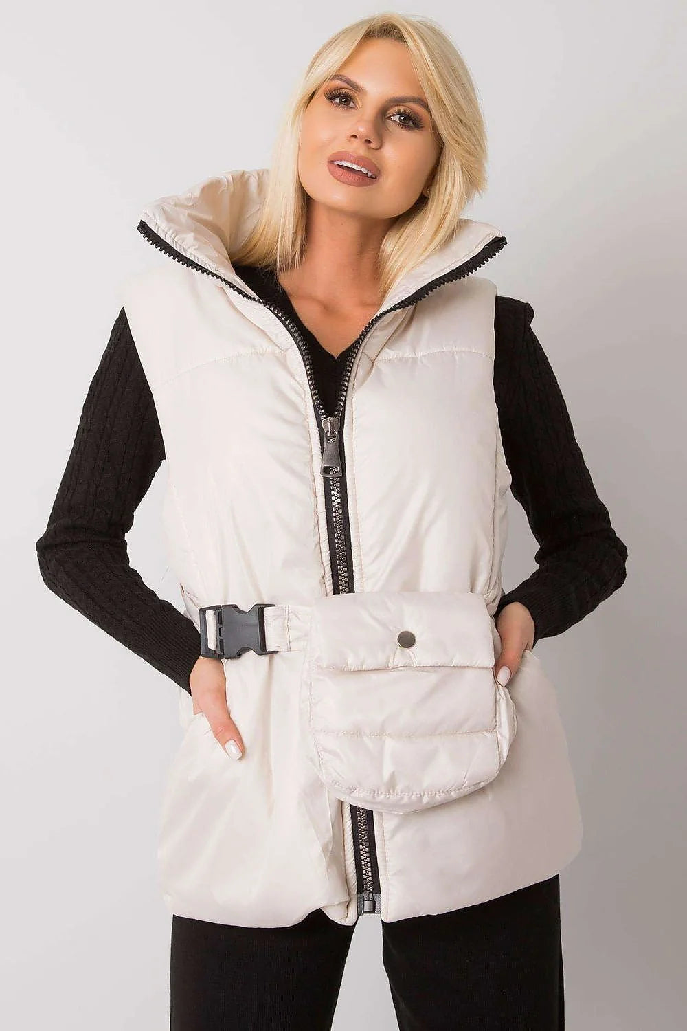 Gilet matelassé marron caramel polyester décontracté élégant fermeture éclair poches ceinture intégrée femme automne-hiver