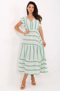 Robe estivale longue Och Bella style bohème coton blanc rayures verticales manches courtes ceinture nouable femme