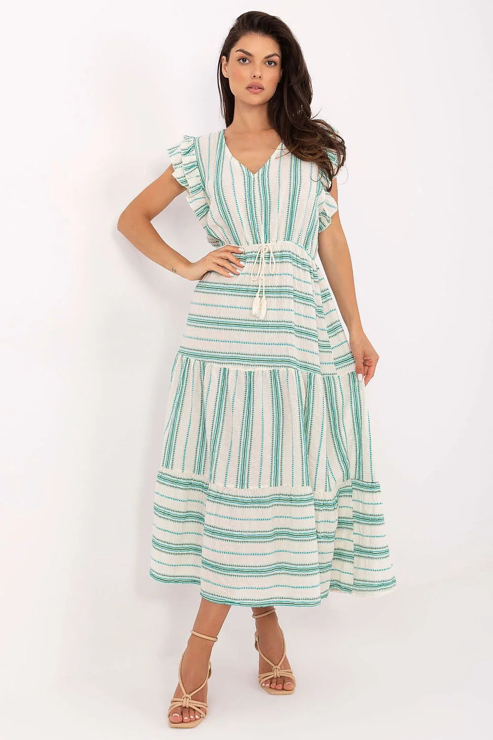 Robe estivale longue Och Bella style bohème coton blanc rayures verticales manches courtes ceinture nouable femme