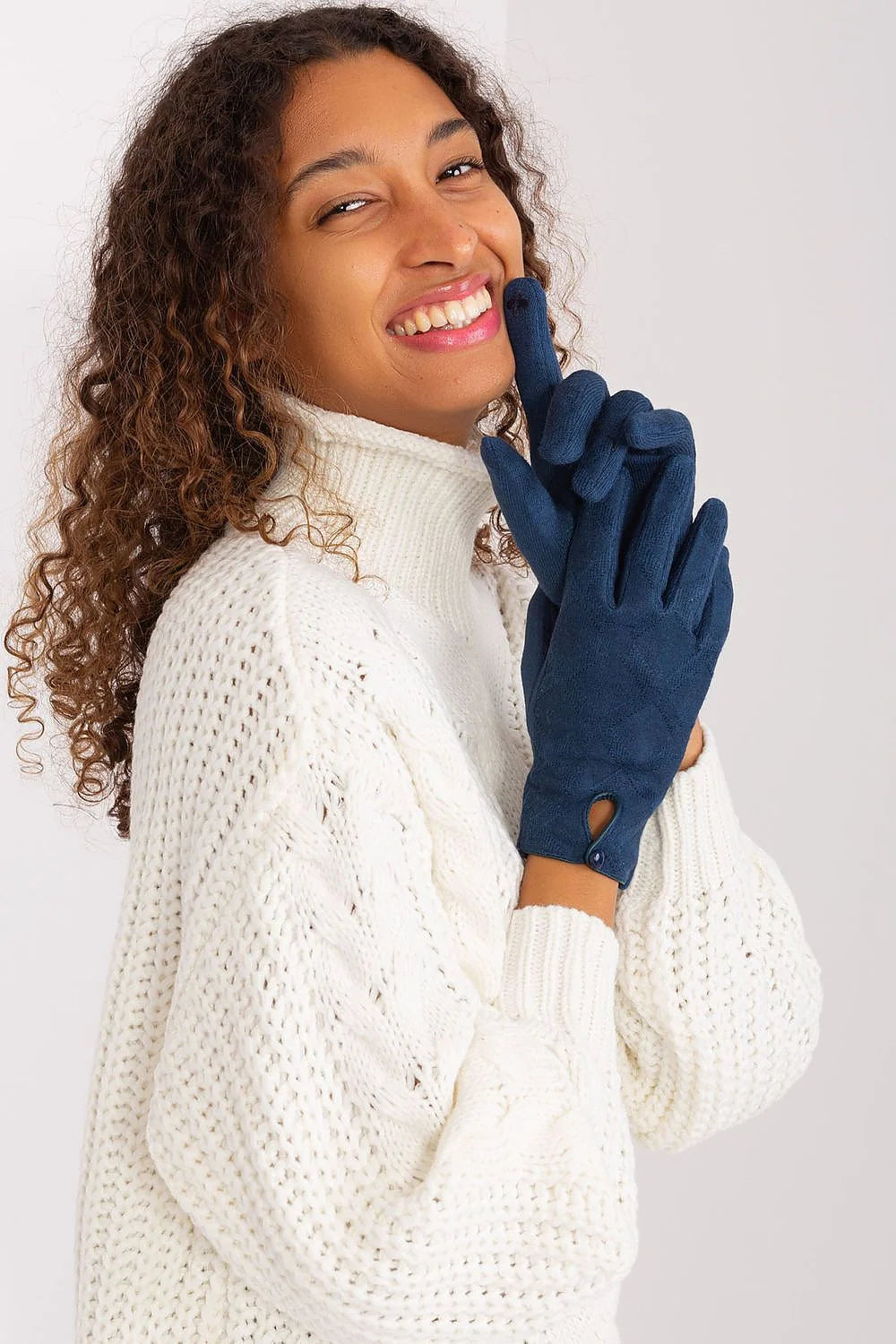 Gants élégants pour femmes en tissu isolant motif géométrique bleu marine index brodé confortable style chic coupe ajustée