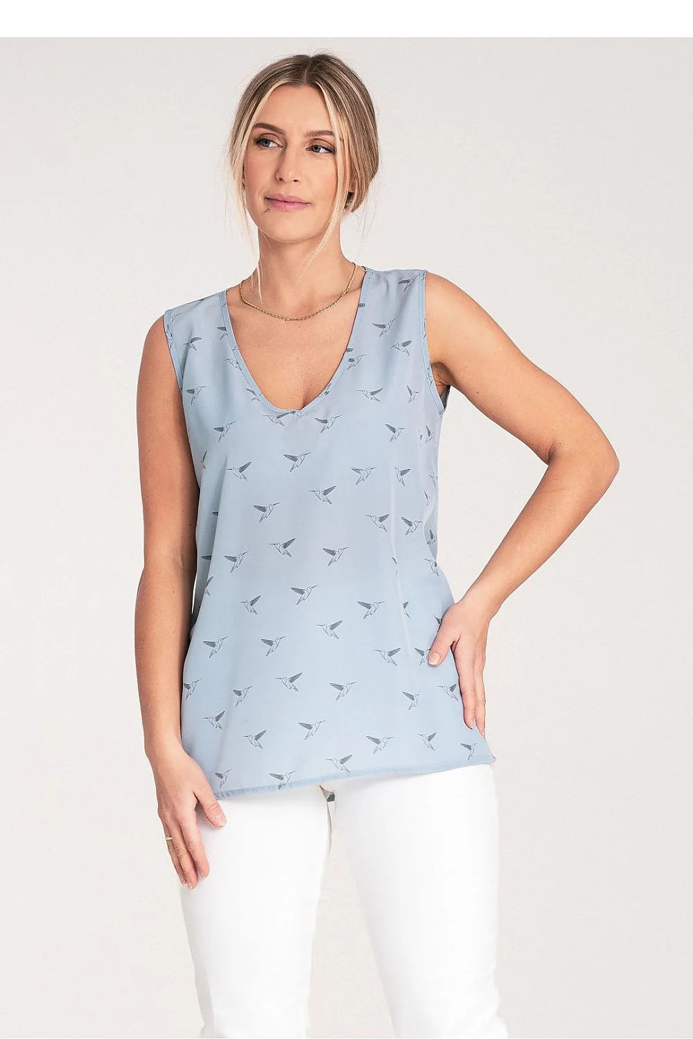 Chemisier sans manches féminin en polyester chemisier Figl style chic décontracté couleur bleu clair motif oiseaux taille S M L XL
