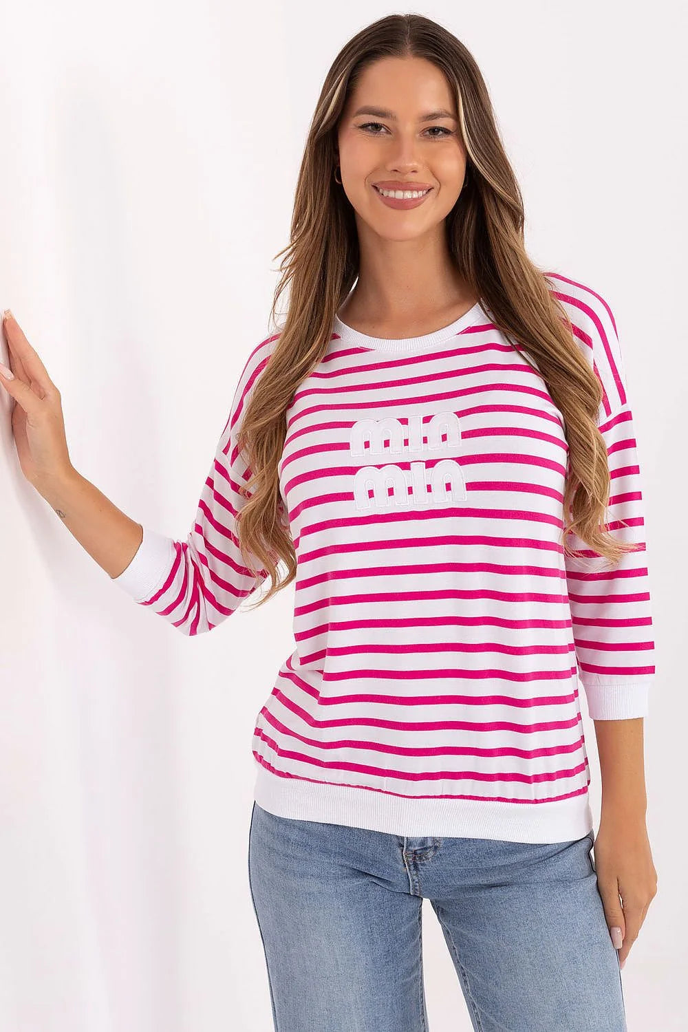 chemise femme marinière rayures horizontales fuchsia blanc col rond manches troisquarts micromodal doux élasthanne confortable coupe décontractée logo mia mia