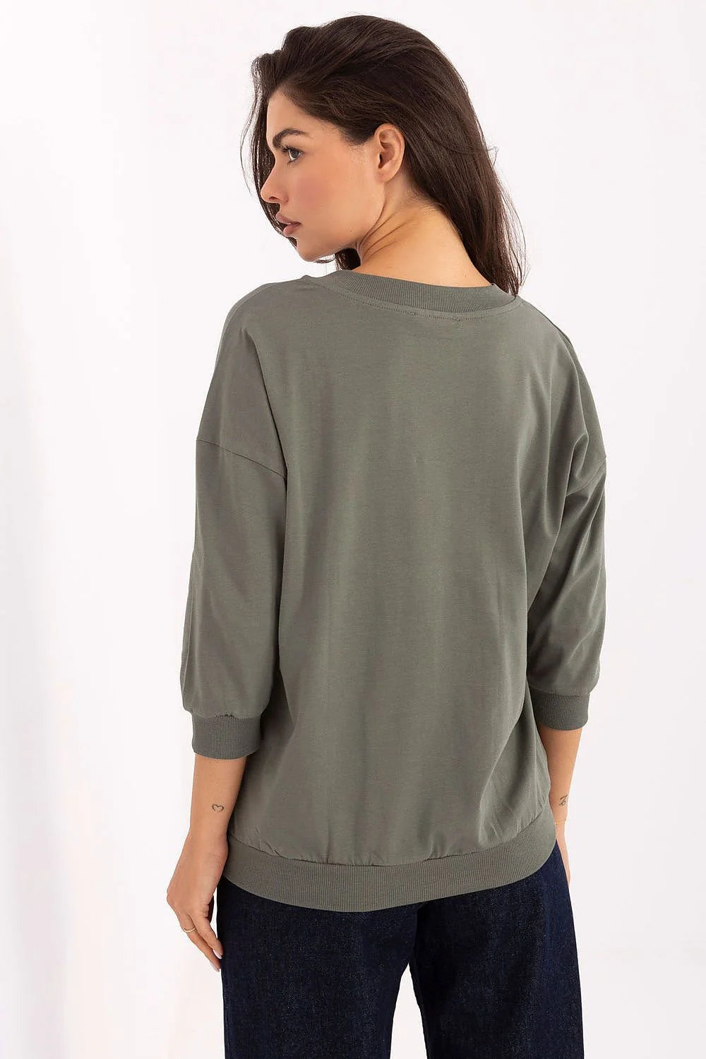 chemisier femme kaki olive col V décontracté oversize coton élasthanne jersey doux manches troisquarts broderie florale poitrine ajusté