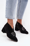 bottines femme suède noir bout amande talon carré stable confortable semelle cuir zippée latérale empiècement élastique décoration pailletée empeigne élégante