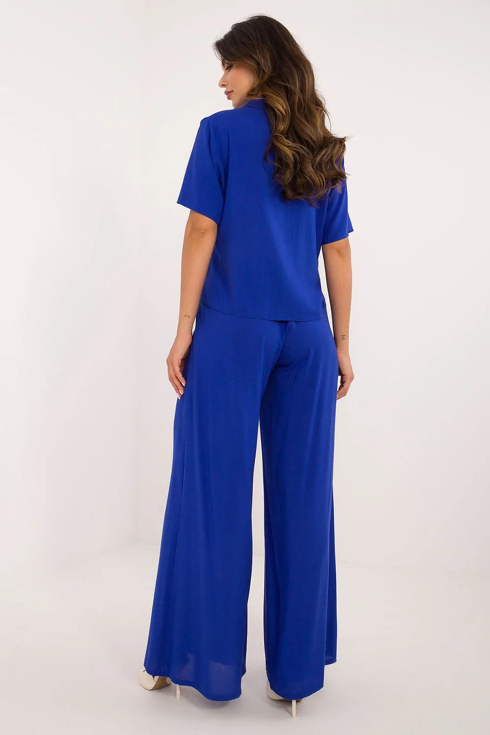 Ensemble Lakerta élégant et confortable viscose bleu vif manches courtes taille haute pantalons larges femmes