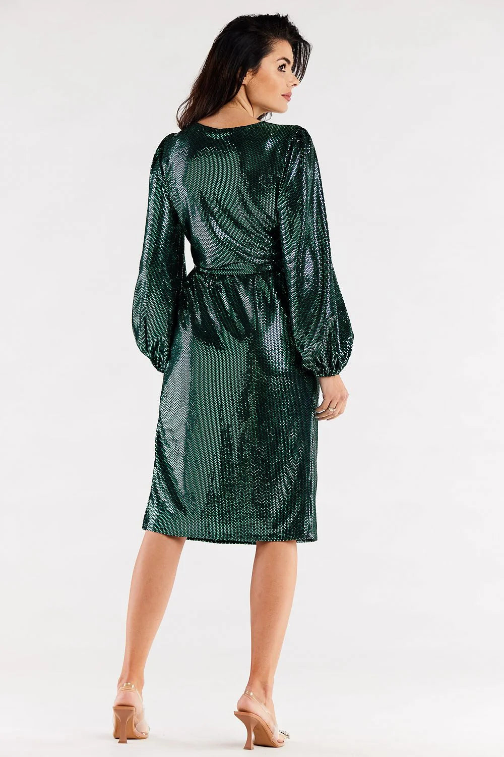 Robe de soirée élégante longue manches longues en tissu métallique argenté avec décolleté en V et ceinture ajustable pour femme