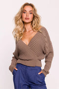 Pull-over féminin Chandail Moe en maille taupe col V profond manches longues envers côtelé femme élégance intemporelle