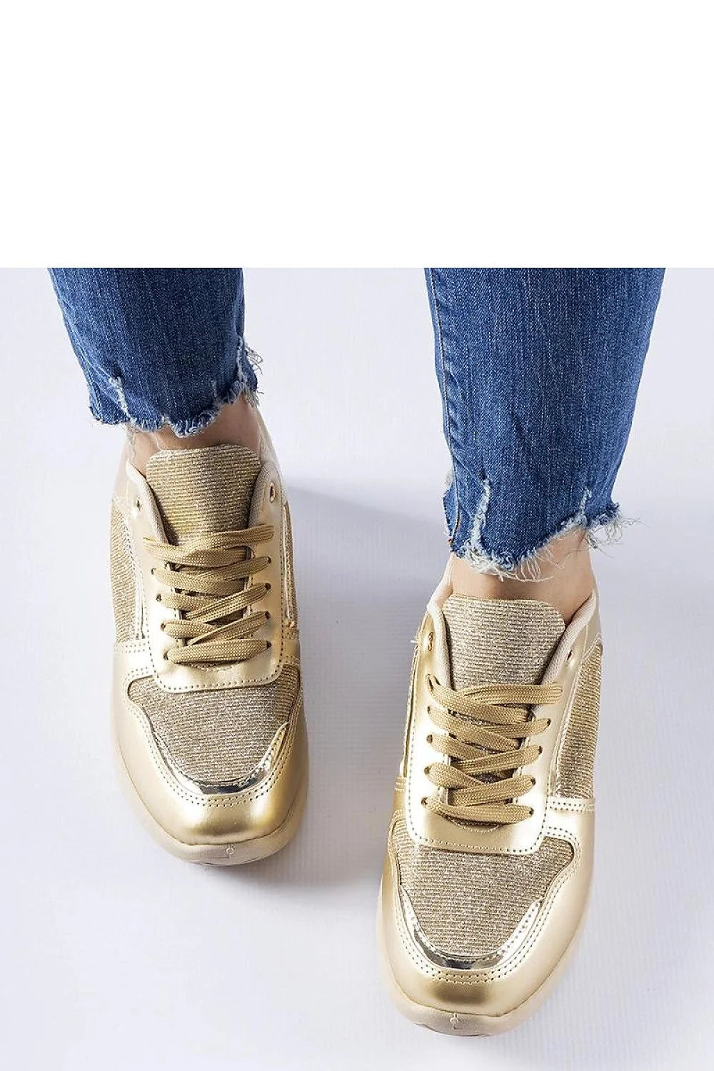 baskets dorées femme basses simili cuir métallisé mesh brillant lacets œillets métalliques semelle compensée caoutchouc amortissante confortable maintien réglable