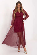 robe longue soirée bordeaux tulle pailletée doublure courte jupe semi transparente silhouette cintrée décolleté V manches bouffantes ceinture taille marquée
