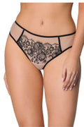 Culotte en tulle transparent beige nude dentelle noire contrastante, coupe classique taille basse, lingerie intime féminine élégante et sensuelle