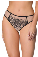 Culotte en tulle transparent beige nude dentelle noire contrastante, coupe classique taille basse, lingerie intime féminine élégante et sensuelle