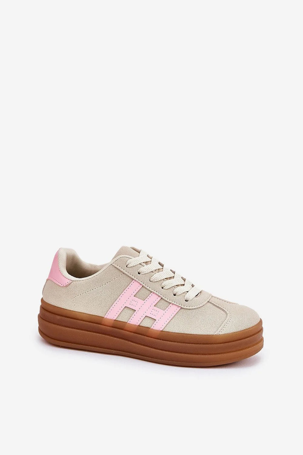 Chaussures de sport pour femmes en suède écologique design moderne beige accents roses confortables plateforme amorti