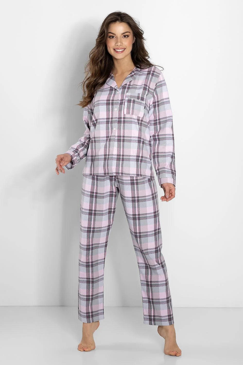 Pyjama pour femme style classique à carreaux coton confortable coupe ample pantalon élastique veste boutonnée manches longues