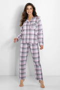 Pyjama pour femme style classique à carreaux coton confortable coupe ample pantalon élastique veste boutonnée manches longues