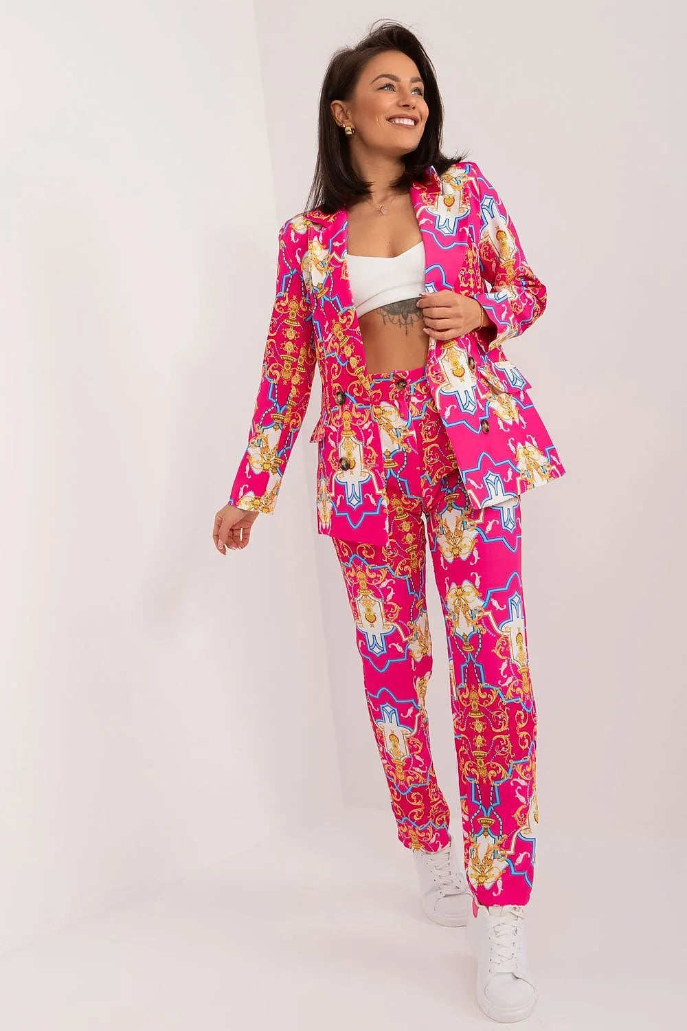 Costume femme élégant coupe droite veste deux boutons pantalon taille haute motifs multicolores polyester occasion spéciale
