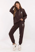 ensemble survêtement femme coton stretch chocolat sweat capuche oversize cordons contrastants manches raglan broderie zircones pantalon jogger taille haute poches