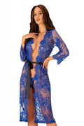 Robe de chambre Obsessive style kimono dentelle bleu électrique transparente satin taille ajustable femme