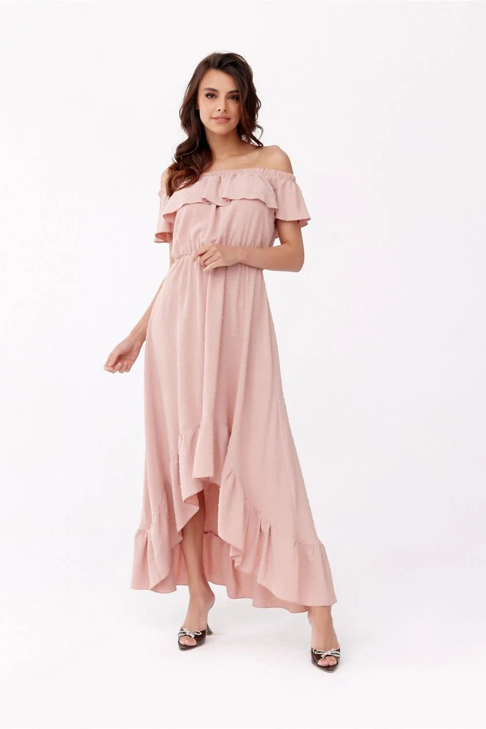 Robe asymétrique bohème chic longue épaules ouvertes rose pastel coton polyester dentelle ruffles ceinture été élégance femme