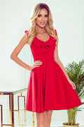 robe cocktail rouge satinée volants décolleté manches ruchées épaules froncées taille cintrée jupe évasée courte patineuse fluide confortable élégante glamour