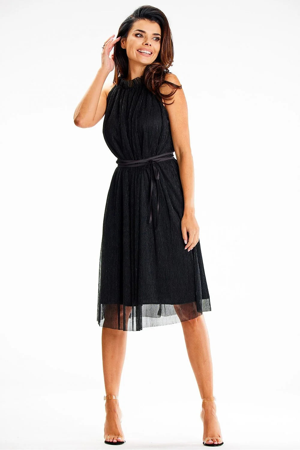 robe soirée midi plissée légère col montant licou ceinture satin fine maille brillante doublure voile semi transparent évasée noire élégante