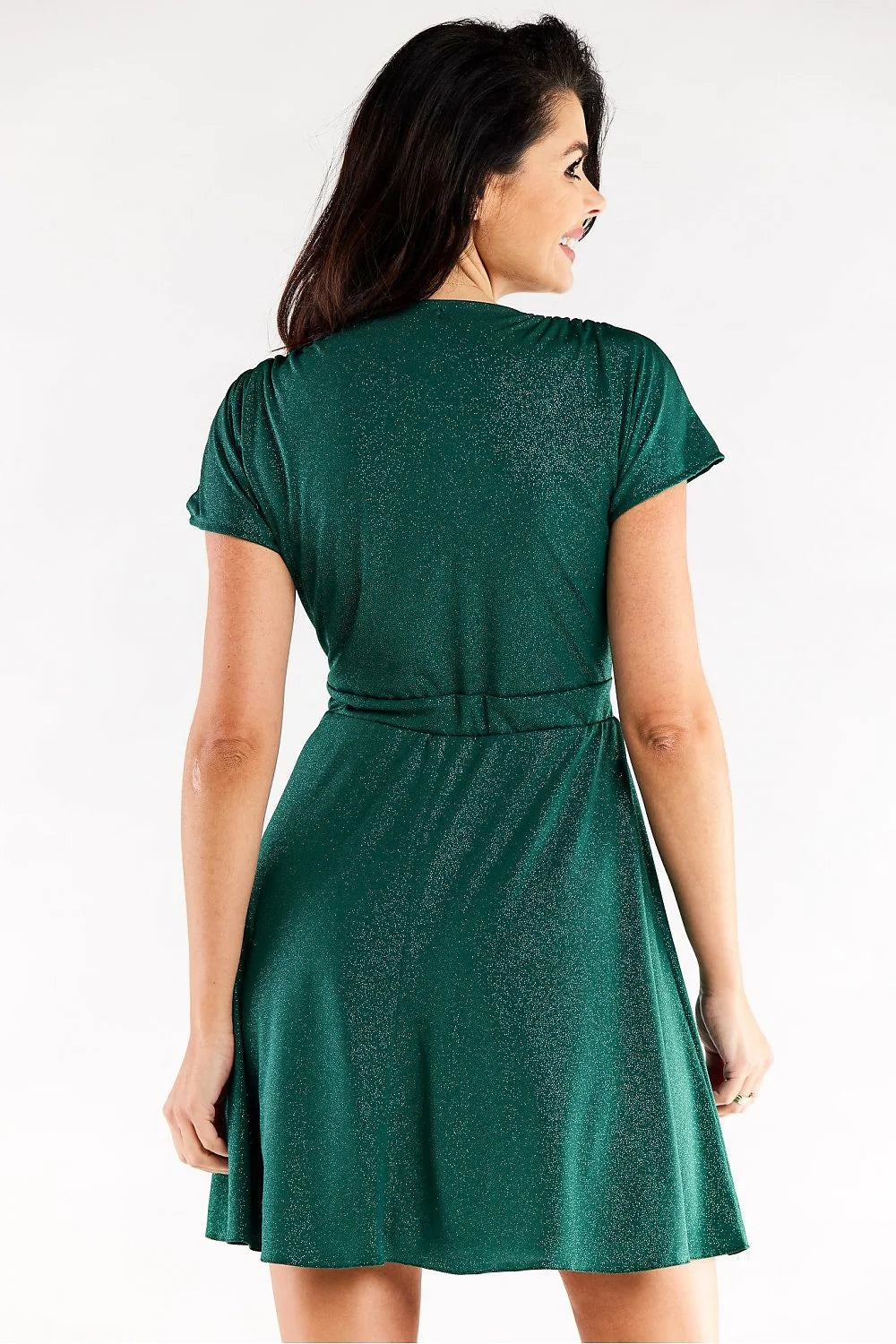 robe soirée courte rouge pailletée scintillante cintrée taille élastique encolure croisée manches bouffantes jupe évasée fluide doublée confortable