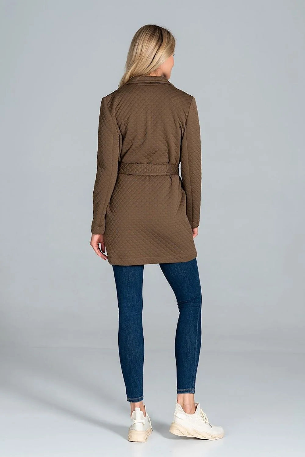 Veste matelassée marron losange ceinture poches avant style décontracté moderne femme hiver chaud