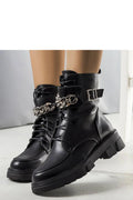 Bottes militaires noires en cuir synthétique avec chaîne métallique, lacets, semelle crantée et doublure fourrure imitation femme