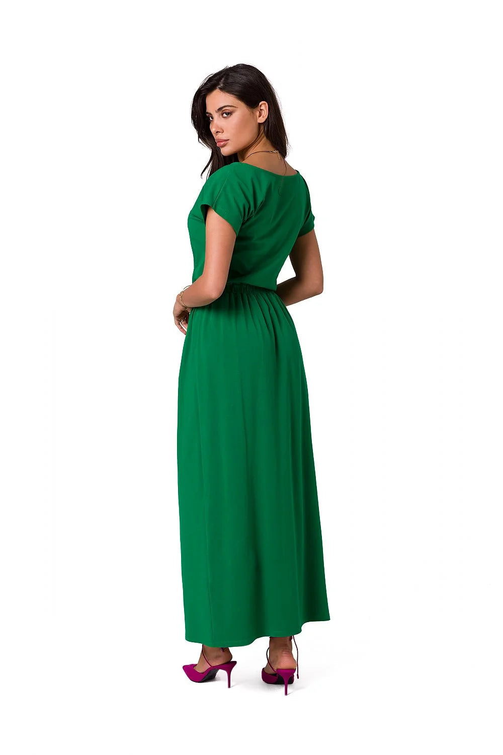 robe longue maxi coton élégante manches courtes encolure bateau vert émeraude taille élastiquée cintrée fluide douce extensible tombé lisse cheville
