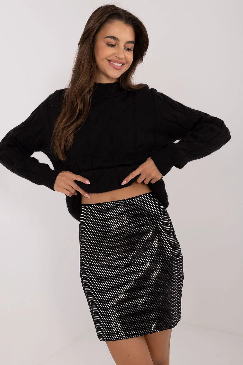 Jupe courte Badu noire brillante style moderne ajustée taille élasthanne polyester coton femme occasion spéciale soirée