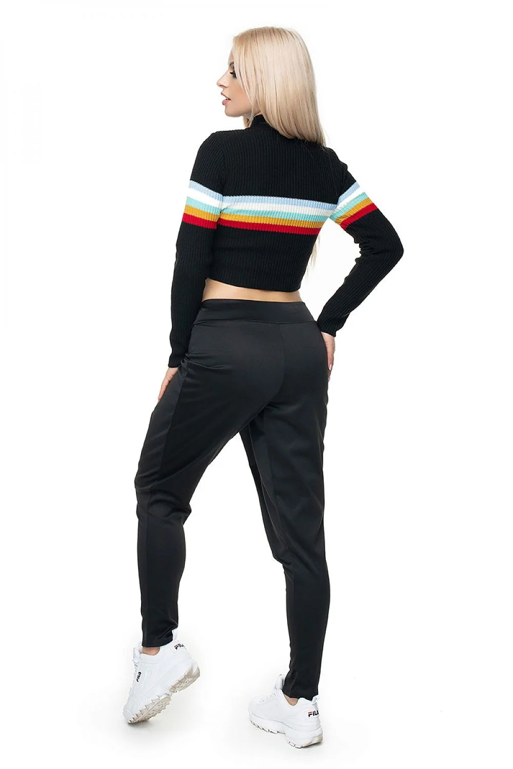 Pull court féminin moderne style jeune rayures arc-en-ciel manches longues col montant en acrylique elasthanne