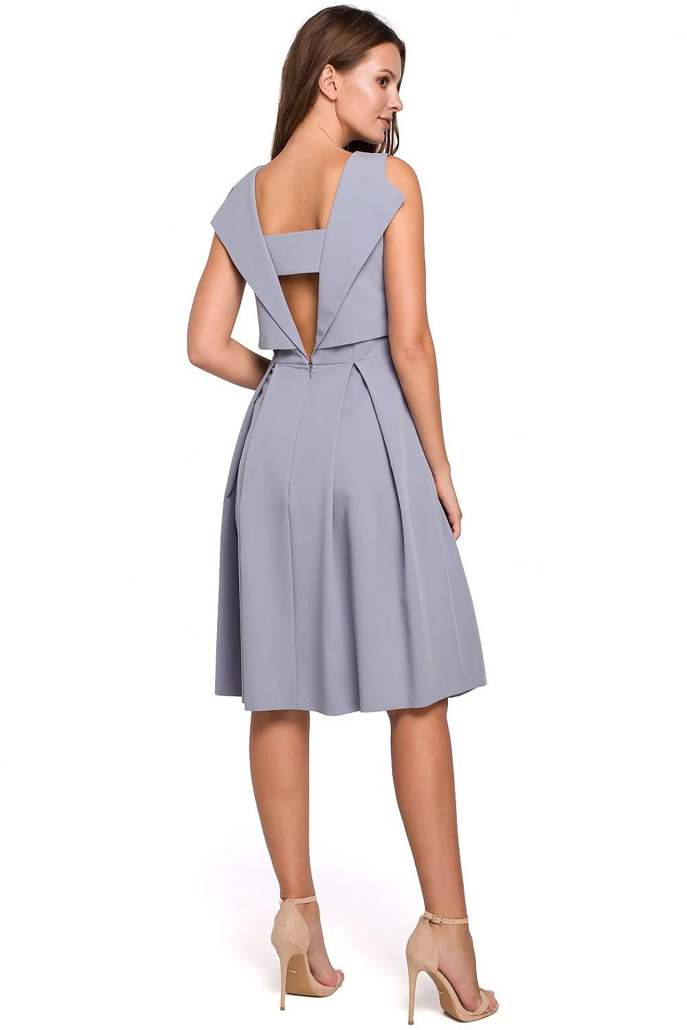 robe soirée Makover noire midi sans manches dos nu col bateau taille haute jupe évasée plissée crêpe élégante femme