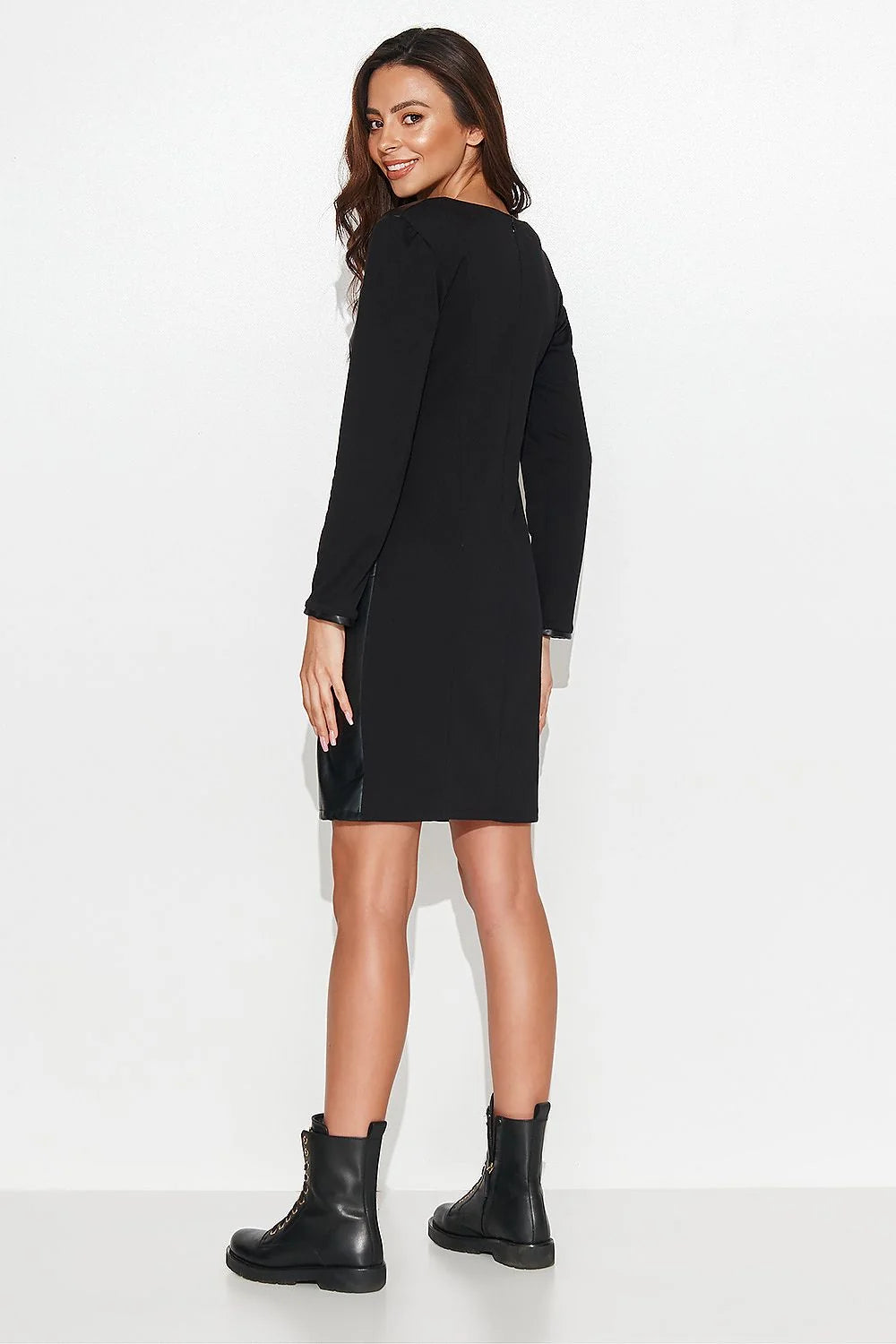 Robe de jour Numinou courte manches longues cuir tricot noir moderne élégant femmes occasion semi-formelle